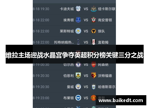 维拉主场迎战水晶宫争夺英超积分榜关键三分之战